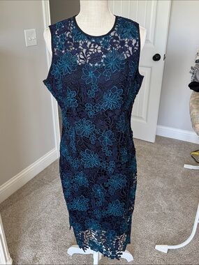 White House Black Market Navy Dress with Teal Floral Lace